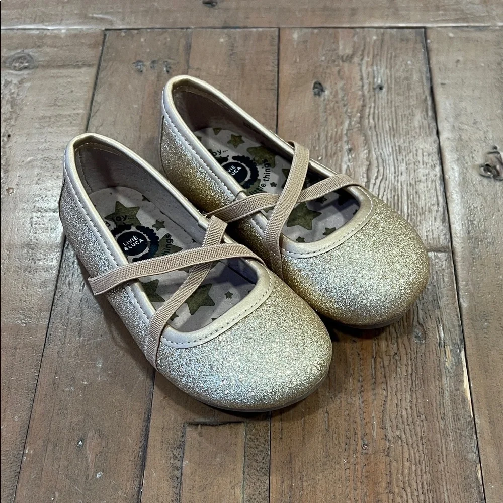 Livie & Luca gold metallic glitter cross strap Mary Jane flats size 6